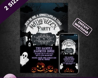 Haunted House Halloween Costume Party Invitation, Spooky Halloween Party Invite, Editable Haunted House Halloween Birthday Invitation