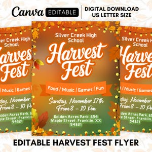 Könnte beinhalten: Ein editierbarer Flyer für ein Harvest Fest an der Silver Creek High School. Der Flyer zeigt einen herbstlichen Hintergrund mit orangefarbenen, gelben und grünen Blättern und einer Lichterkette. Der Text "Harvest Fest" ist in einer großen, dekorativen Schrift geschrieben. Der Flyer enthält auch Informationen über die Veranstaltung, wie z. B. Datum, Uhrzeit und Ort.