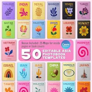 Könnte beinhalten: Ein Satz von 50 editierbaren Fotobuchvorlagen mit bunten Illustrationen von Blumen, geometrischen Formen und Sehenswürdigkeiten aus verschiedenen asiatischen Ländern. Die Vorlagen sind für die Verwendung mit Canva konzipiert und beinhalten 25 Bonuskarten für Innenseiten oder Rückseiten.