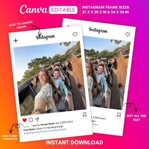 Könnte beinhalten: Zwei Instagram-Rahmenvorlagen mit einem Foto einer Gruppe von Personen auf einem Fahrgeschäft. Die Vorlagen haben einen weißen Hintergrund mit der Instagram-Oberfläche. Der Text enthält "Canva Editable", "Instagram-Rahmengrößen 70 x 100 cm & 61 x 91 cm" und "Sofort-Download".