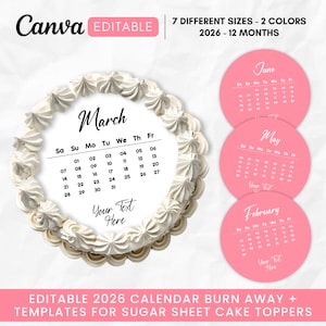 Modèle de calendrier pour gâteau à brûler, calendrier personnalisé 2065, décorations de gâteau modifiables, décoration de gâteau d'anniversaire à imprimer, modèle Canva