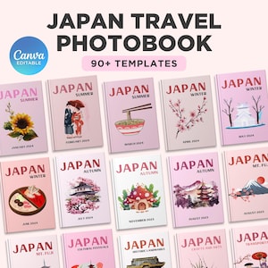 Może przedstawiać: Kolekcja 12 różowych okładek albumów fotograficznych z ilustracjami kultury japońskiej, w tym kwitnących wiśni, góry Fuji i tradycyjnej architektury. Okładki są oznaczone miesiącami roku i słowami "Japonia" oraz "Lato", "Zima" lub "Jesień".