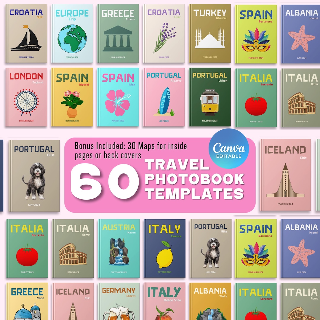 60 Travel Photo Book Canva Templates, Luxury Printed Photo Book, Coffee