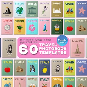 Puede incluir: Sesenta plantillas de álbum de fotos de viaje coloridas con monumentos y símbolos icónicos de varios países, incluyendo España, Italia, Portugal, Grecia, Islandia, Croacia, Turquía, Albania, Austria, Alemania y Londres. Las plantillas están diseñadas para usar con Canva e incluyen 30 mapas adicionales para las páginas interiores o las cubiertas traseras.