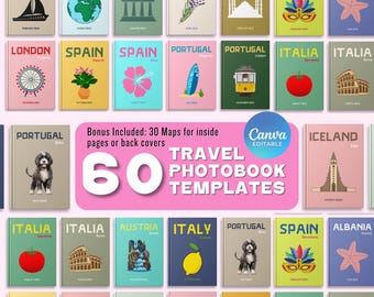 60 Travel Photobook Template Bundle, Travel Photo Book Covers, Editable Book Covers Templates For Travel, Canva Template