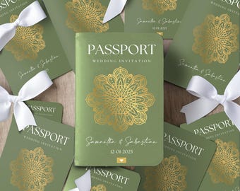 Saliegroene bestemmingsbruiloftsuitnodiging, paspoortbruiloftsuitnodiging, instapkaartuitnodiging met RSVP, bruiloft met reisthema