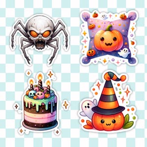 May include: Four Halloween themed stickers featuring a spider, a pumpkin on a pillow, a pumpkin wearing a witch's hat, and a cake with candles and skulls.