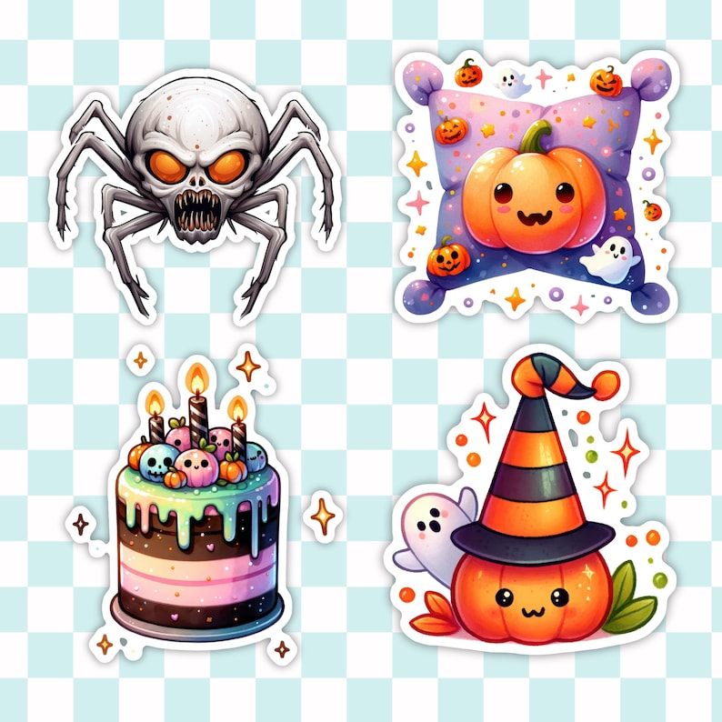 May include: Four Halloween themed stickers featuring a spider, a pumpkin on a pillow, a pumpkin wearing a witch's hat, and a cake with candles and skulls.
