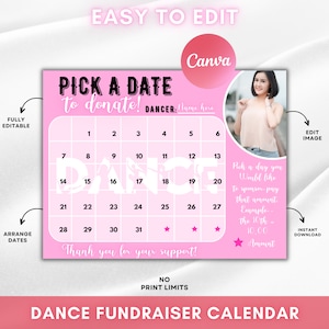 Pay for your Day Calendar Fundraiser, Dance Calendar Fundraiser Canva Template, Pick a Date Dance Fundraiser, Dance Team Fundraiser
