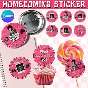 May include: A collection of pink and white homecoming stickers and a button. The stickers and button feature a photo of a woman, the text "VOTE FOR" and "HOMECOMING QUEEN", and the name "Emma Watson". A pink cupcake and a lollipop are also in the image.