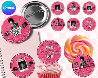 May include: A collection of pink and white homecoming stickers and a button. The stickers and button feature a photo of a woman, the text "VOTE FOR" and "HOMECOMING QUEEN", and the name "Emma Watson". A pink cupcake and a lollipop are also in the image.