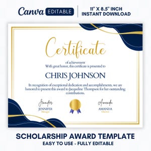 Könnte beinhalten: Eine Zertifikatvorlage mit goldenem Rand und marineblauen Akzenten. Das Zertifikat lautet "Certificate of achievement" und enthält den Namen des Empfängers, Chris Johnson. Die Abmessungen betragen 27,9 x 21,6 cm.