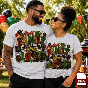 May include: Two light gray t-shirts featuring a graphic print with the text "Ain't No FAMILY LIKE THE One I GOT" in red, green, and yellow. The design includes illustrations of a tree, a grill, balloons, and the words "LOVE UNITY LEGACY".