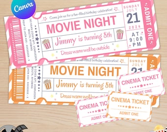 May include: Printable movie night ticket invitation with pink and orange stripes. The text reads "Movie Night" and "Jimmy is turning 8th". The date is Sunday, July 21, 2024 at 9:00 PM.