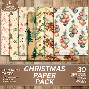 Könnte beinhalten: Eine Sammlung von 30 druckbaren Weihnachtspapierdesigns. Die Papiere zeigen festliche Muster wie Zuckerstangen, Ornamente, Stechpalmen und Weihnachtsbäume. Das Paket enthält vertikale und horizontale Seiten im Format 21,6 x 27,9 cm. Der Text "Christmas Paper Pack" wird angezeigt.