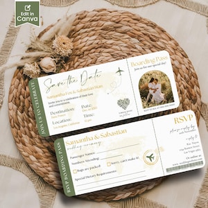 Save the Date instapkaart, uitnodiging voor een bruiloft op bestemming, paspoortuitnodiging voor een bruiloft, afdrukbaar, reisthema, strand, sjabloon downloaden
