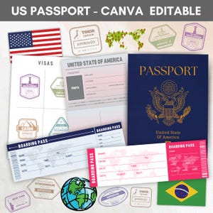 Editable Us Passports for Kids, Printable Passport for Kid for Playing Travel and Learning,kids Boarding Pass, Stamps & Visas Canva Template