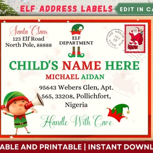 Etykiety adresowe Elfów, szablon etykiet adresowych Elfów, etykiety wysyłkowe Elf Mail i Santa Mail do wydrukowania, pakiet przyjazdowy Elfów, wysyłka elfów