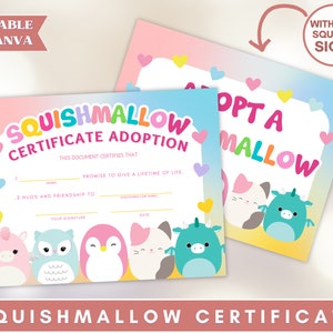 Adoption Squishmallow certificate, Adopt a Squish Printable, Squishmallows Birthdays, Adopt Squishmallow Certificate, Instant Download