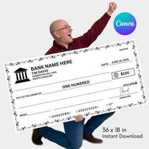 Può includere: Un assegno di grandi dimensioni, 91 x 46 cm, con un bordo decorativo. L'assegno recita "Bank Name Here", "One Hundred" e "June 16, 2025". Una persona tiene in mano l'assegno e festeggia.