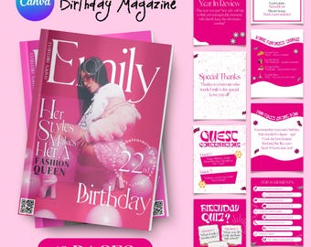 May include: A pink and white birthday magazine cover with the name "Emily" in large white letters. The cover features a photo of a woman with pink hair and a pink outfit. The text "Her Styles Makes Her A Fashion Queen" is written in black letters. The number "22" is written in white letters on a pink background. The text "Birthday" is written in white letters on a pink background. The magazine cover has a pink background with white stars. The text "19 Pages" is written in white letters on a pink background.