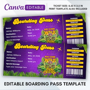 Könnte beinhalten: Lila-grüne Bordkarten-Vorlage mit dem Text "Boarding Pass" in gelber, stilisierter Schrift. Das Ticket enthält Passagierdetails, ein Kreuzfahrt-Thema und den Text "Nai Gone Wild" mit einer Maskengrafik. Ticketgröße: 21,21 x 8,89 cm.