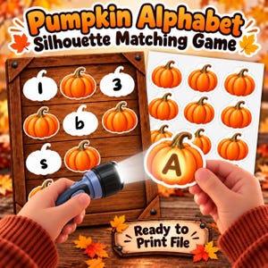 Könnte beinhalten: Ein Kürbis-Alphabet-Silhouetten-Zuordnungsspiel mit einem Holzbrett, Kürbisformen, Buchstaben und Zahlen. Ein Bogen mit orangen Kürbisausschnitten mit Buchstaben ist enthalten. Der Text lautet Pumpkin Alphabet Silhouette Matching Game.
