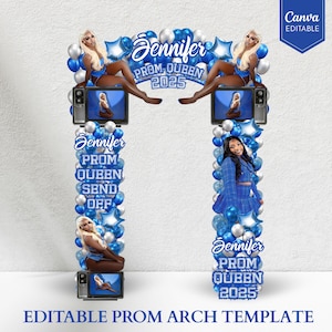 May include: Editable prom arch template with blue and silver balloons, stars, and a television screen. The text "Jennifer Prom Queen 2025" is displayed on the arch.