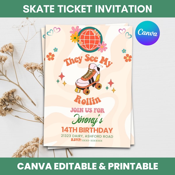 Editable Skate Party Invitation, Roller Skate Birthday Invitation, Roller Skates Retro Invitation, Canva Template Instant/Digital Download