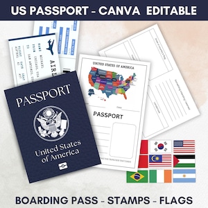 Editable Us Passports for Kids, Printable Passport for Kid for Playing Travel and Learning,kids Boarding Pass, Stamps & Visas Canva Template