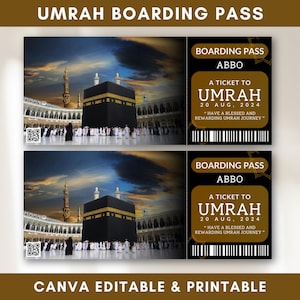 Bewerkbare Umrah Mubarak-instapkaart, Umrah-vliegticket, Mekka Umrah-cadeau, islamitisch reisticket, cadeau voor de Umrah-instapkaart Canva