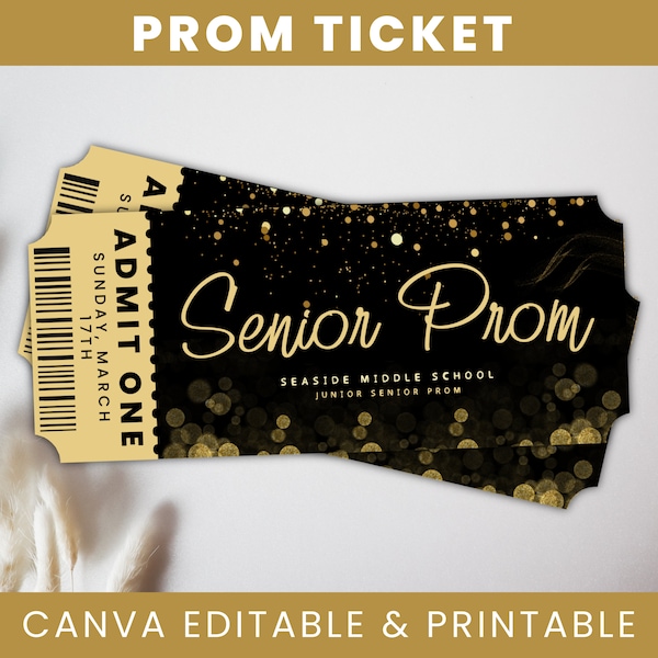 Prom Ticket Template, Prom Senior Gold & Black Theme Ticket, Ticket Template, Prom Senior Night Party Ticket, Editable Ticket Canva Template