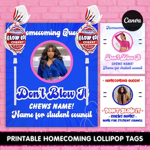 Könnte beinhalten: Druckbare Lollipop-Etiketten für eine Homecoming-Veranstaltung. Die Etiketten haben einen blauen Hintergrund mit dem Text "Don't Blow It" und "CHEWS NAME! Name for student council". Die Etiketten zeigen auch einen roten und weißen Lollipop mit dem Text "CHARMS BLOW POP CHERRY".