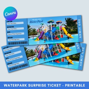 Printable Waterpark Theme Surprise Ticket Canva Template, Editable Surprise Trip Ticket Template ...