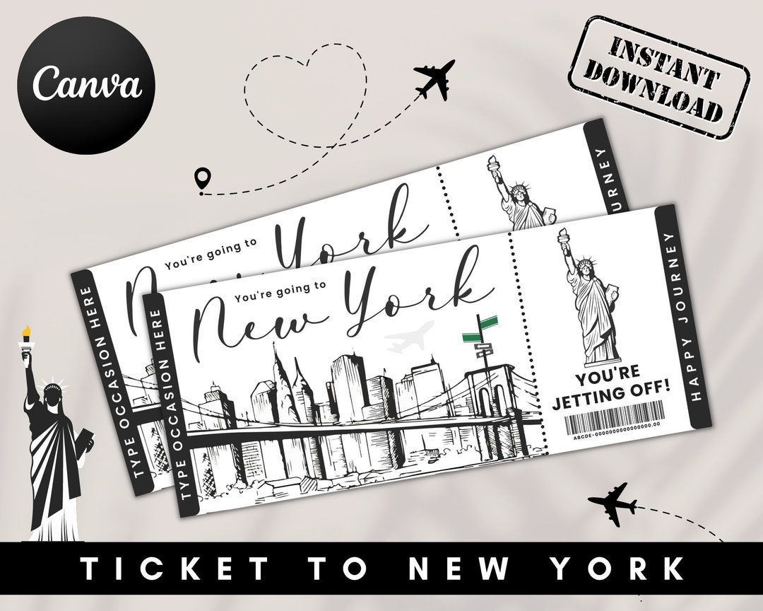 Editable Ticket to New York Boarding Pass Vacation Surprise, New York