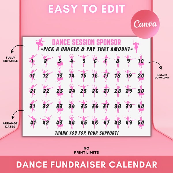 DANCE calendar fundraiser, 50 Sponsor my season, pick a date to donate, Fundraiser, pay the date, dance fundraiser, dance comp sponsor