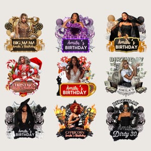 May include: Nine digital designs featuring women with birthday themes. Each design includes text such as "Amila's Birthday", "Big Mama", "Christms", and "Capricorn". The designs incorporate various elements like balloons, gifts, and festive decorations.