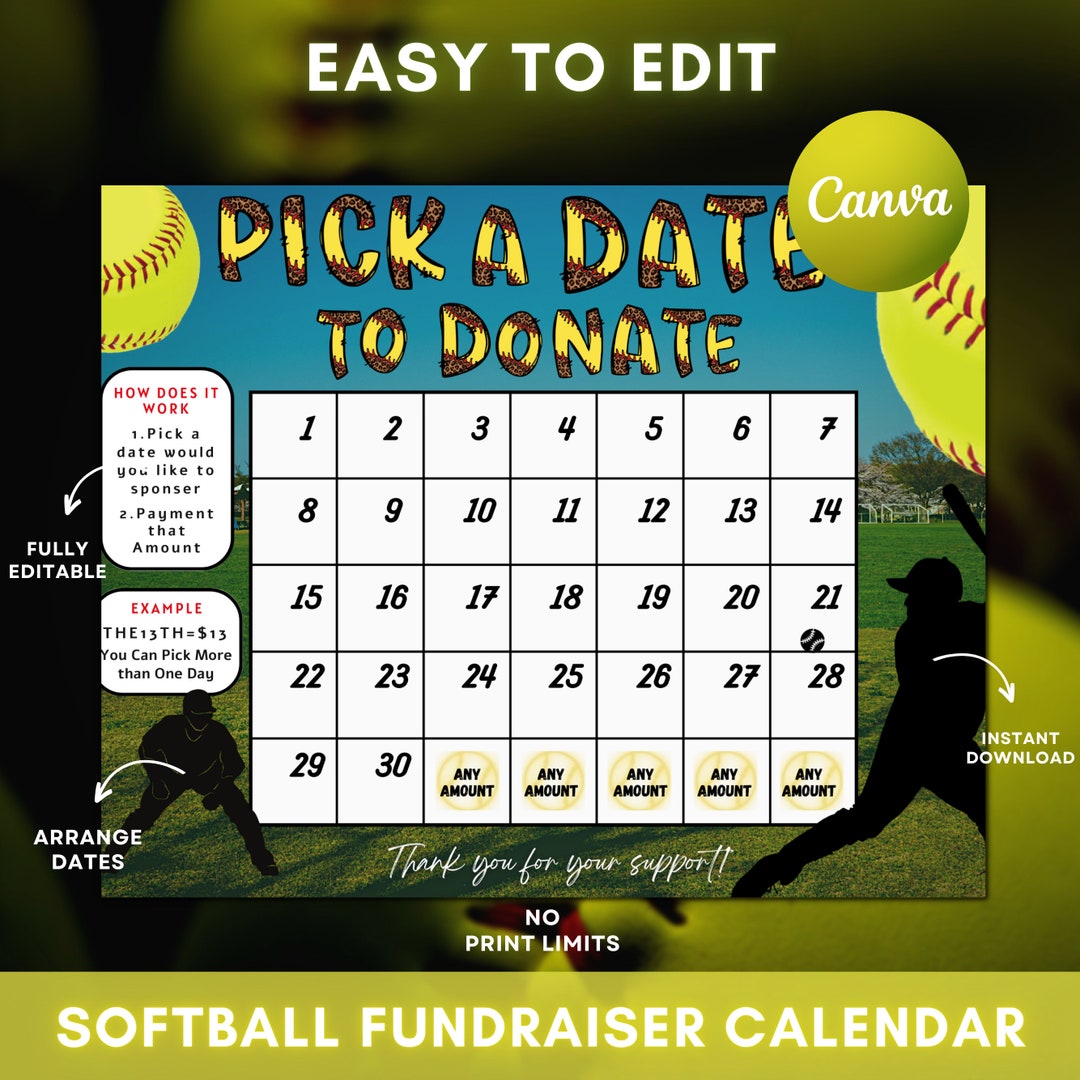 Editable Softball Fundraiser Calendar, Calendar Fundraiser, Fundraiser Editable Softball Fundraiser Calendar, Calendar Fundraiser, Fundraiser