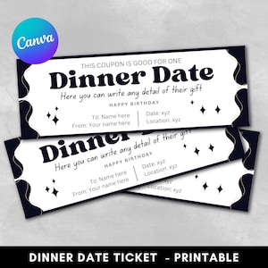 Boleto imprimible para cena, vale de regalo editable para cena, cupón de regalo para cena, plantilla de Canva, descarga instantánea