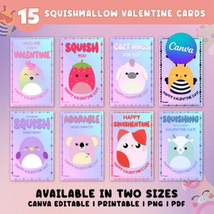 15 cartes de Saint-Valentin Squishmallow, autocollant Squishmallow de Saint-Valentin, cartes de fête Squishmallow pour enfants, modèle modifiable + imprimable Canva