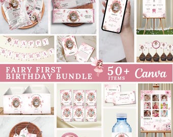 Fairy First Birthday Bundle,Fairy 1st Birthday Invitation Bundle,Fairy Birthday Decoration,Editable Wild One Birthday Girl DigitalInvitation