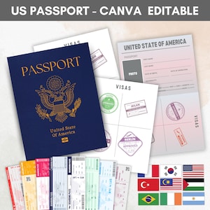 Passaportes editáveis dos EUA para crianças, passaporte para impressão para crianças para brincar, viajar e aprender, cartão de embarque infantil, carimbos e vistos, modelo Canva
