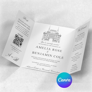 Könnte beinhalten: Eine dreifach gefaltete Hochzeitseinladung mit klassischem Design. Die Einladung enthält die Namen Amelia Rose und Benjamin Cole sowie Details zur Veranstaltung. Enthält einen QR-Code für RSVP und eine detaillierte Illustration eines Gebäudes.