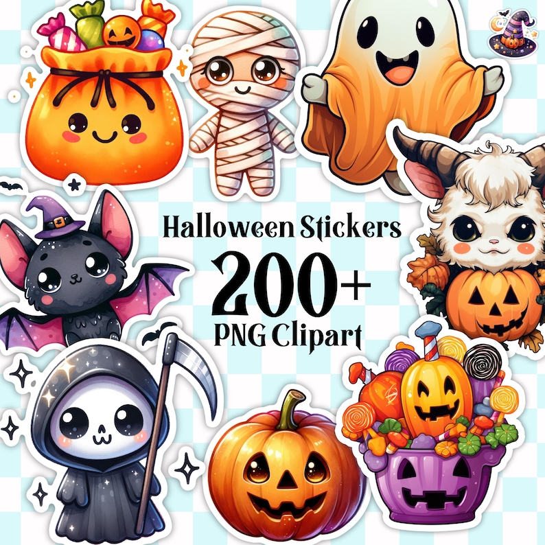 May include: A set of 200+ Halloween stickers featuring cute cartoon characters like a ghost, mummy, bat, pumpkin, and a reaper. The stickers are perfect for adding a spooky touch to your crafts, gifts, and decorations.