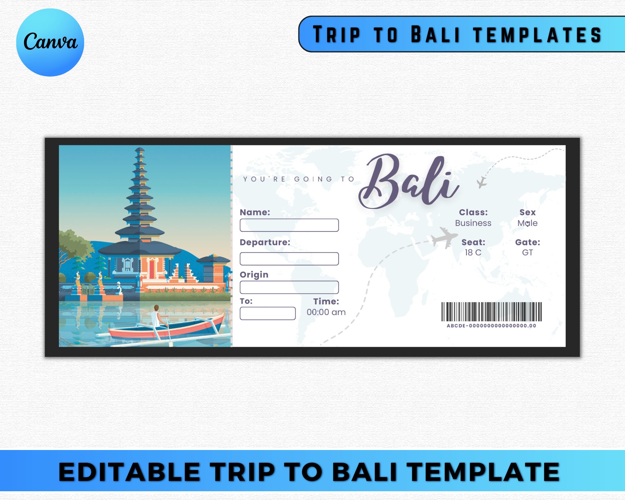 Bali Indonesia Surprise Gift Ticket, Trip to Bali, Printable Boarding Ticket, Plane Ticket, Editable Personalized Gift, PDF Instant Download