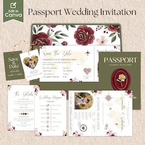 Könnte beinhalten: Hochzeitspapeterie-Set mit Pass-Thema. Das Set beinhaltet eine Einladung im Pass-Stil, Save-the-Date-Anhänger und Detailkarten. Das Design zeigt burgunderfarbene florale Akzente und den Text "Passport Wedding Invitation".