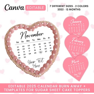 Burn Away Cake Topper Calendar Template, 2025 Custom Calendar Heart Cake Toppers, Printable Birthday Cake Topper, Canva Template