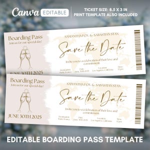 Op de afbeelding: Twee beige boarding pass-sjablonen met gouden tekst, met de woorden "Save the Date" en "Boarding Pass". De tickets bevatten de namen Samantha Fox & Sabastian Stan en de datum 30 juni 2025. De ticketgrootte is 21,6 x 7,6 cm.