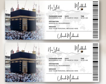 Hadj-instapkaart, bewerkbare Umrah Mubarak-instapkaart, Hajj-vliegticket, Makkah Umrah-cadeau, islamitisch reisticket, reiscadeau naar Umrah