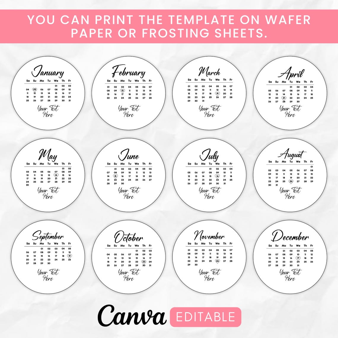 Generic Calendar Topper Burn Away Cake Topper Calendar Template, 2065 Custom Calendar Editable ...